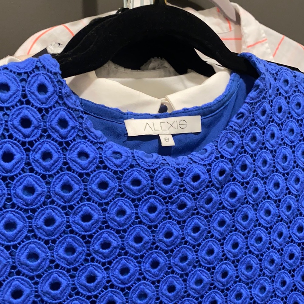 ALEXIS Blue Short Sleeve Crochet Top Worn ONCE S